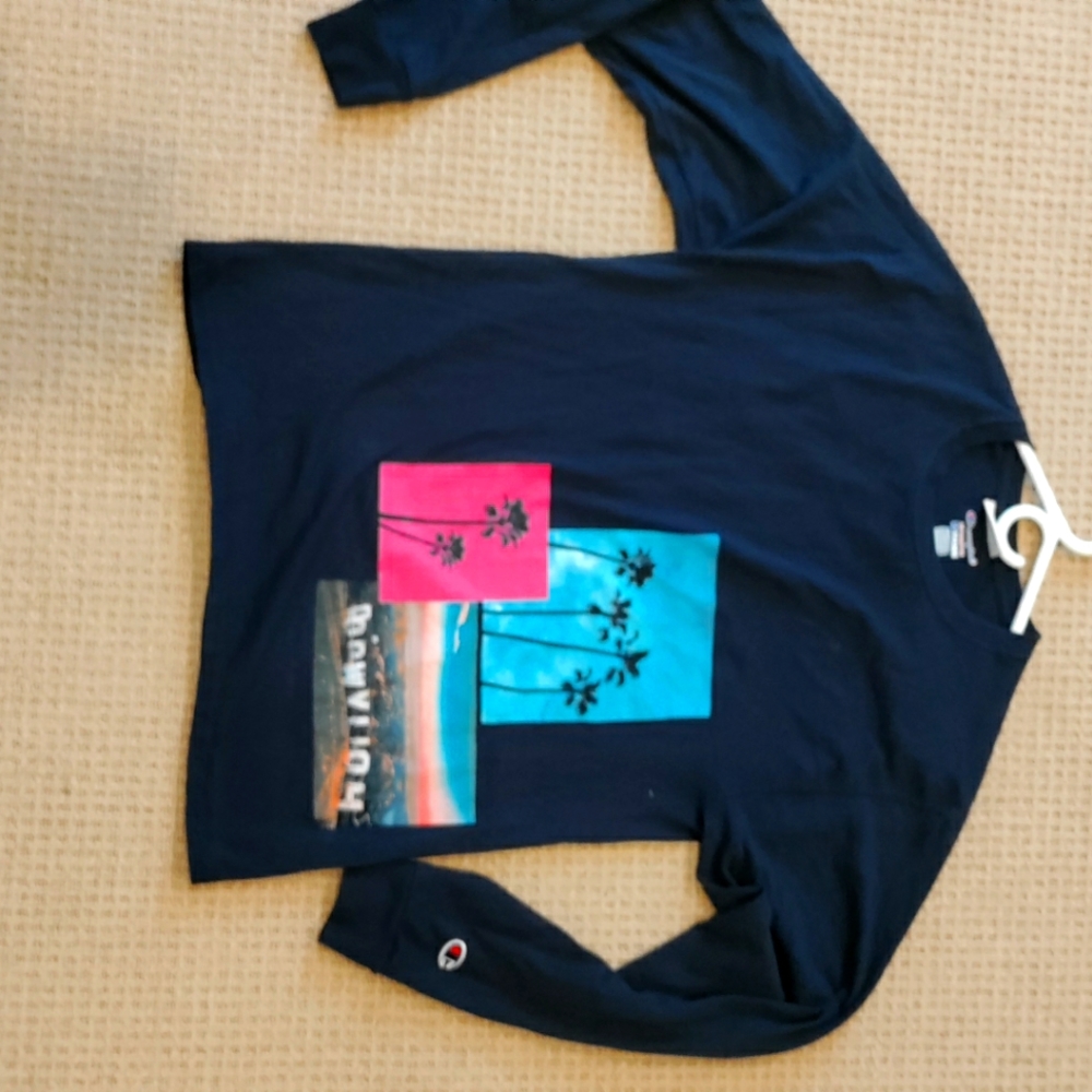 This is a men's champion long sleeve shirt with cool hollywood logos